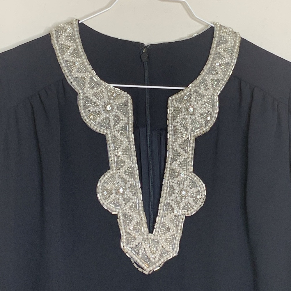 Vintage Pearl Beaded Rhinestone Jeweled Neckline Embellished Lined Shift Dress M - Picture 4 of 17